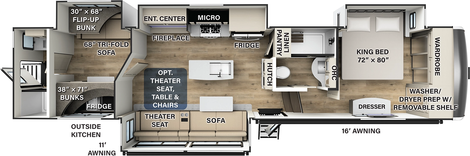 The 375BH has 4 slide outs, 3 on the roadside and 1 on the camp side with entry door on the camp side and entry door on the back. From front to back: the bedroom contains a front wall storage closet and a king size bed in a slide out; side aisle bathroom; 2 steps down into the kitchen and living area consisting of full pantry and center island. The roadside slide out contains the residential refrigerator, stove/oven, entertainment center with TV; the camp side slide out contains a super sofa with removable dinette table and theater seats; the rear bunk room contains a roadside slide out with sleeper sofa and bunk bed, 2 bunk beds above entertainment and storage area with fireplace. Rear bathroom with shower. Camp side outside kitchen in compartment with sink and mini fridge.